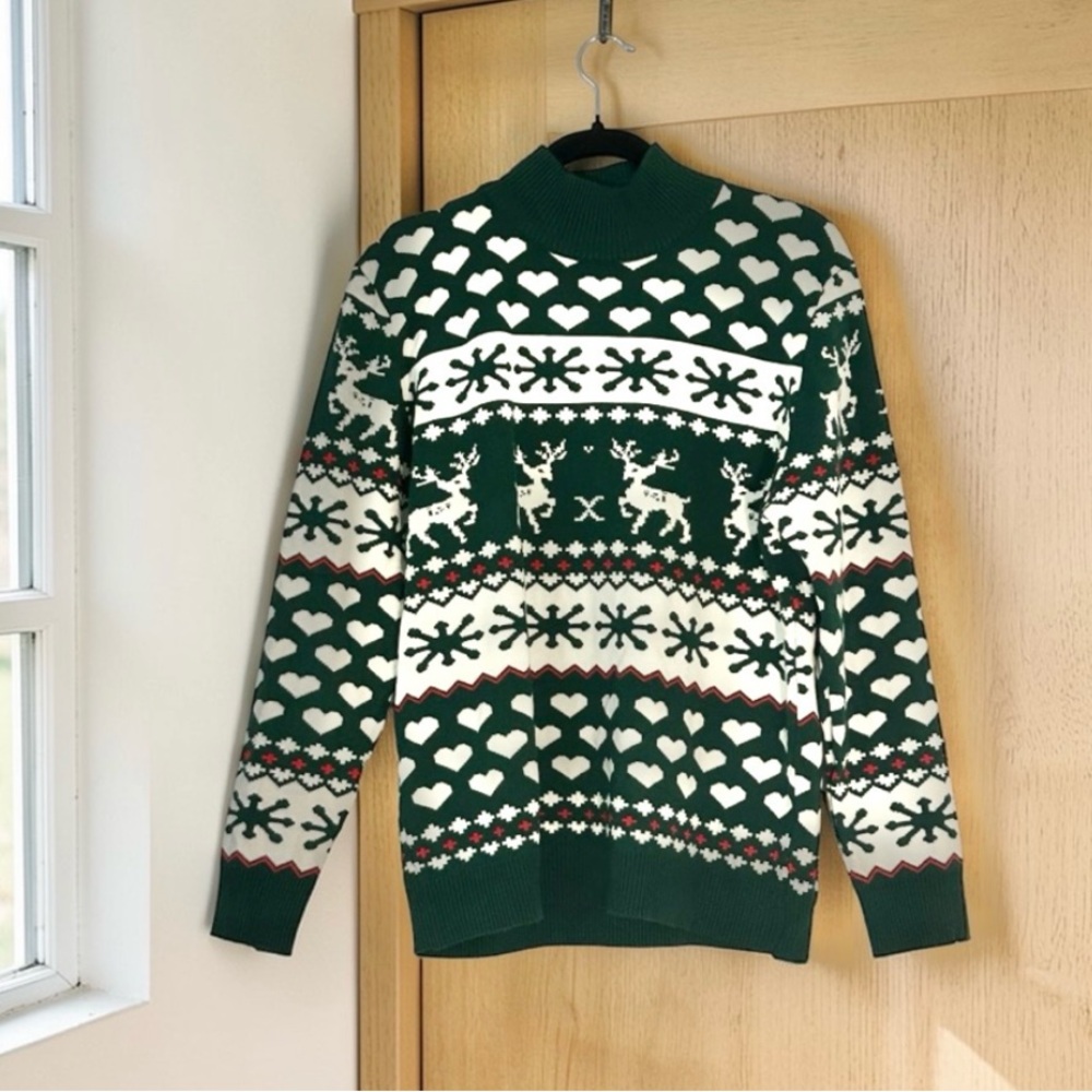 Ugly Christmas Sweater Reindeer Hearts Green/Red/White XL